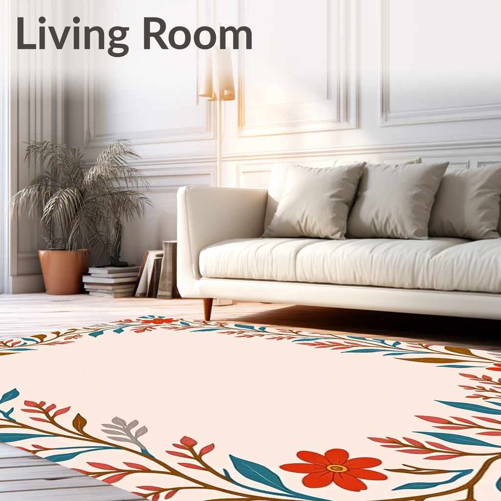 Whimsical Red Floral Vine Border Rug