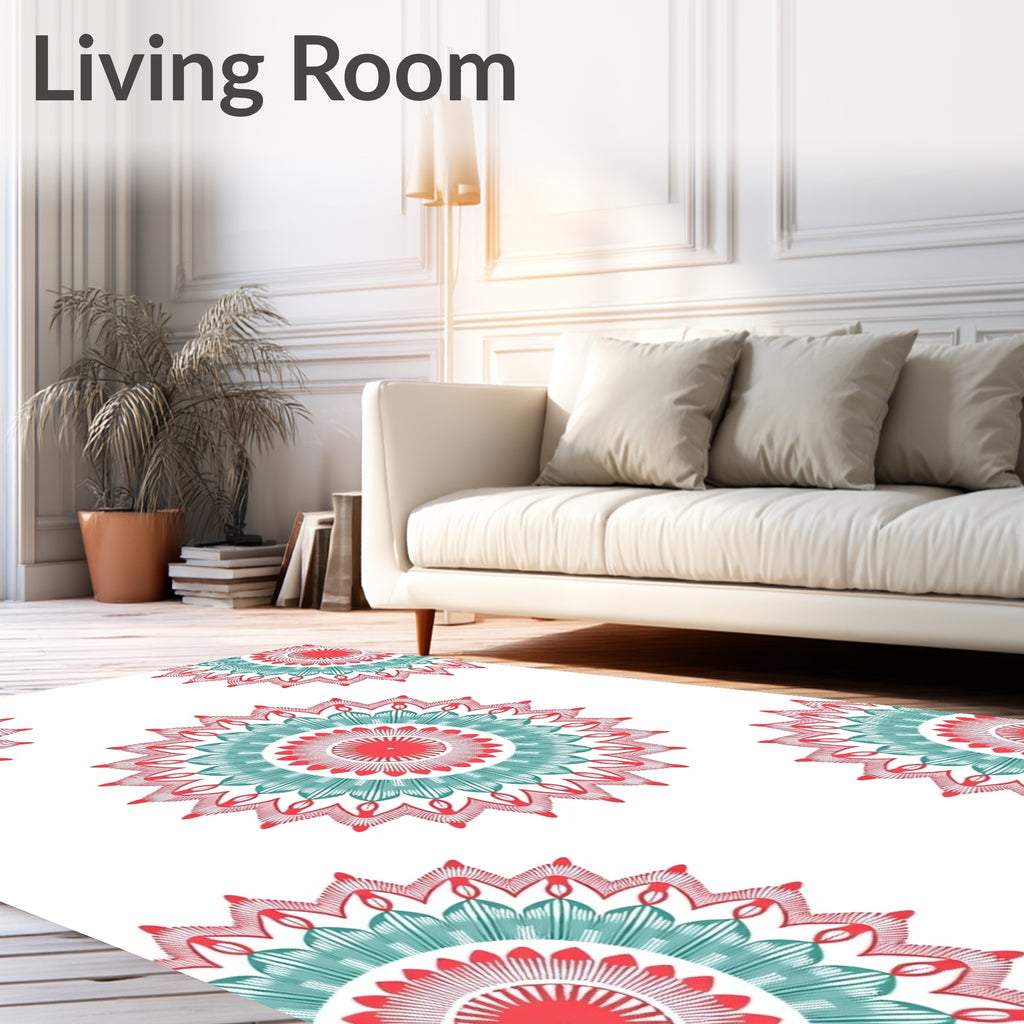 Coral Teal Mandala Patterned Design Rug