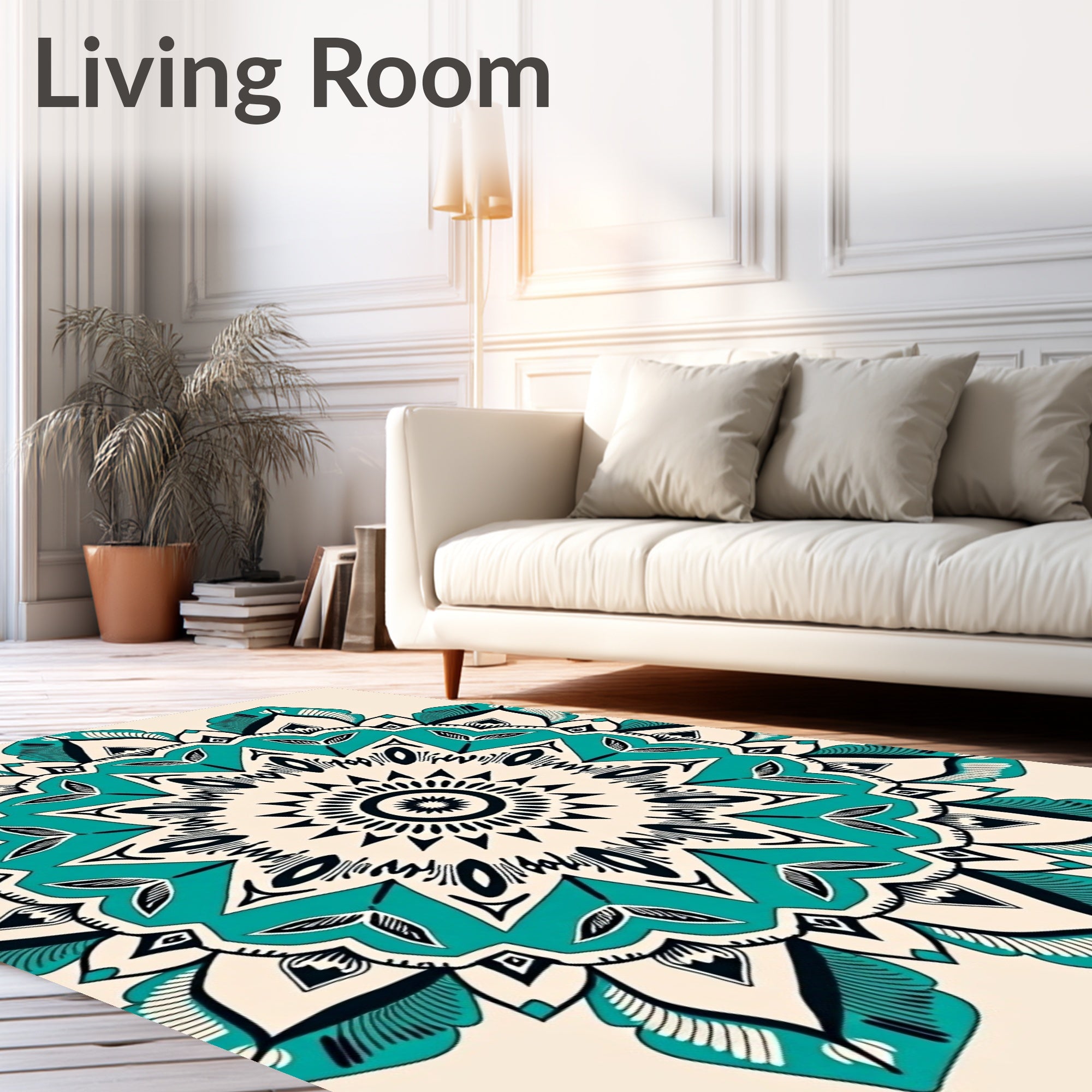 Turquoise And Black Floral Mandala Pattern Rug