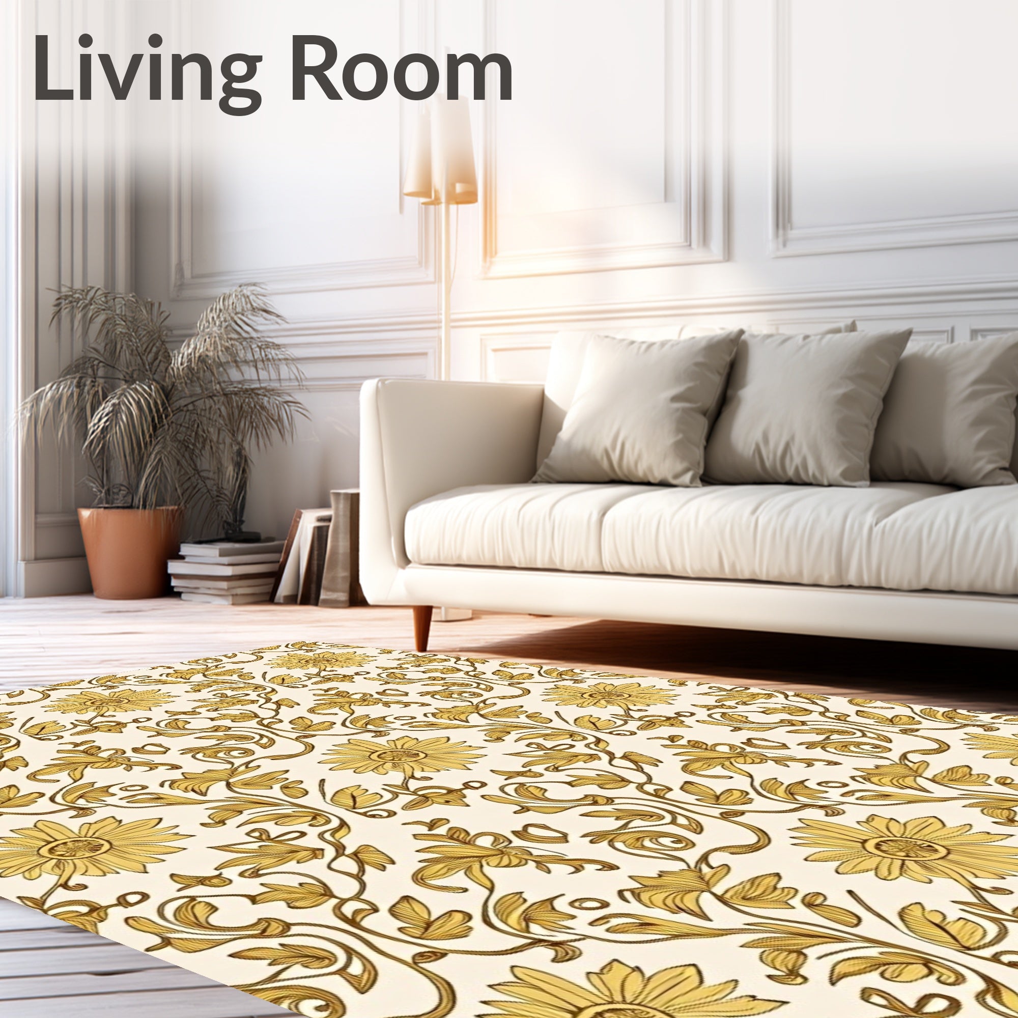 Golden Floral Vine Patterned Rug