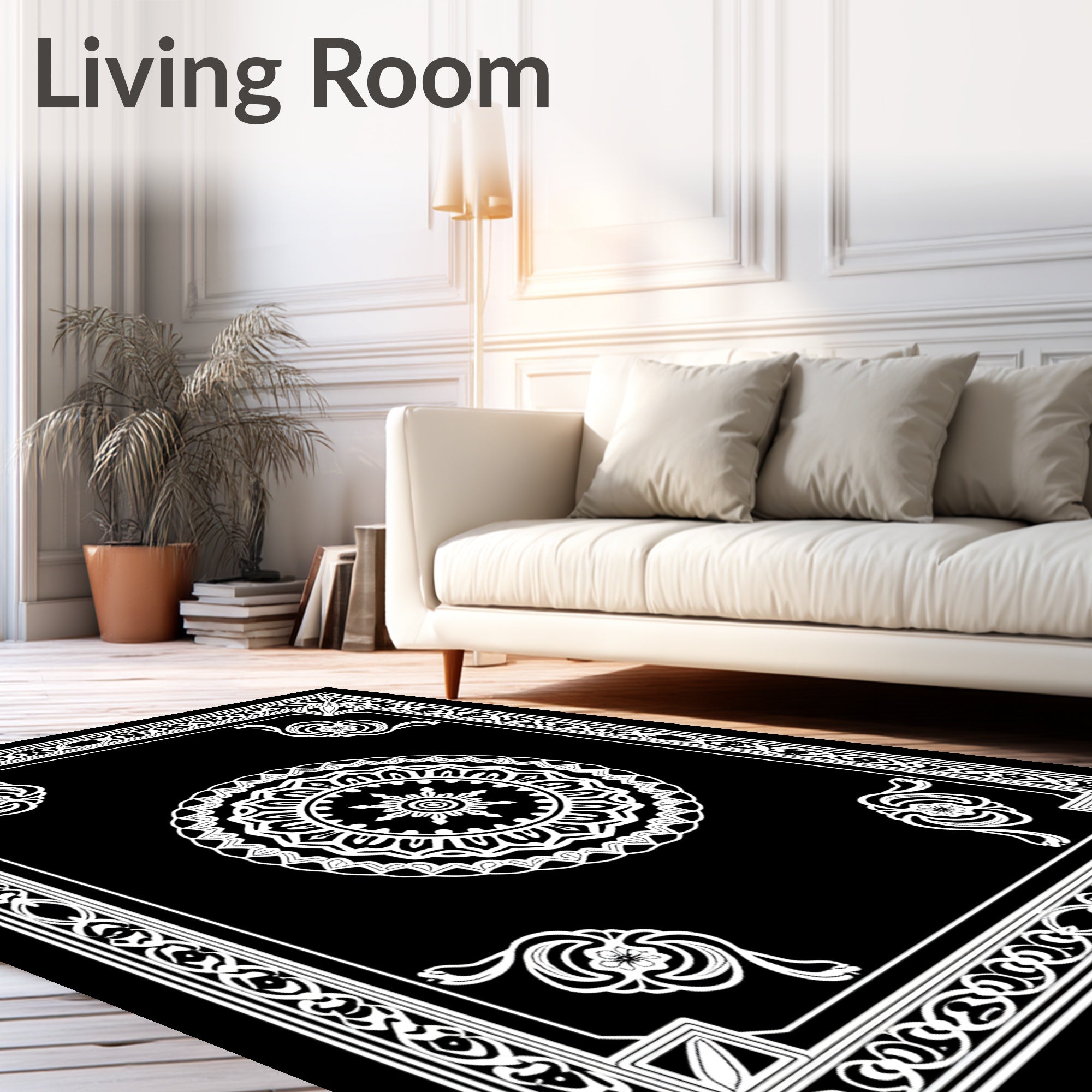 Intricate Black White Floral Mandala Border Rug