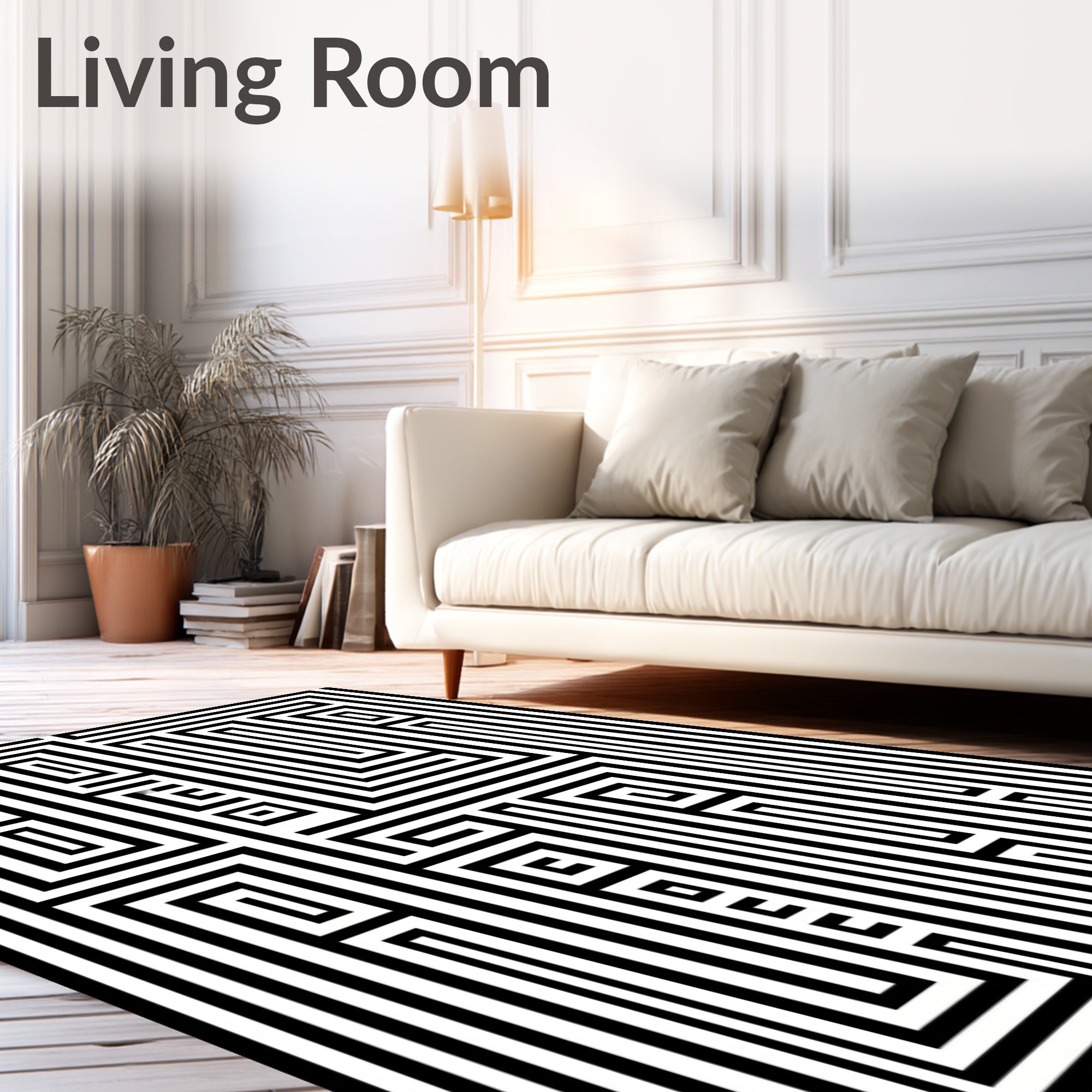 Black White Geometric Maze Pattern Rug