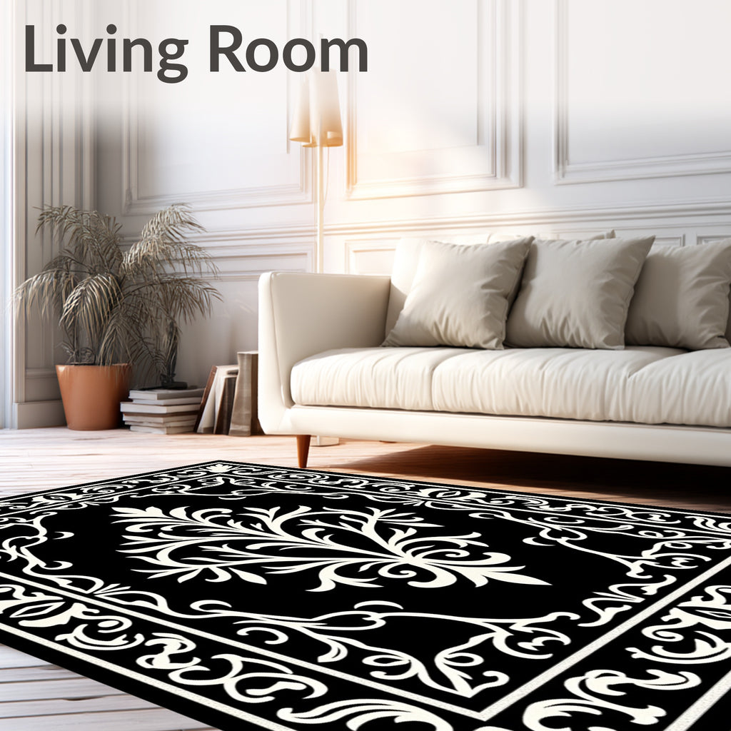 Ornate Black Cream Floral Pattern Rug