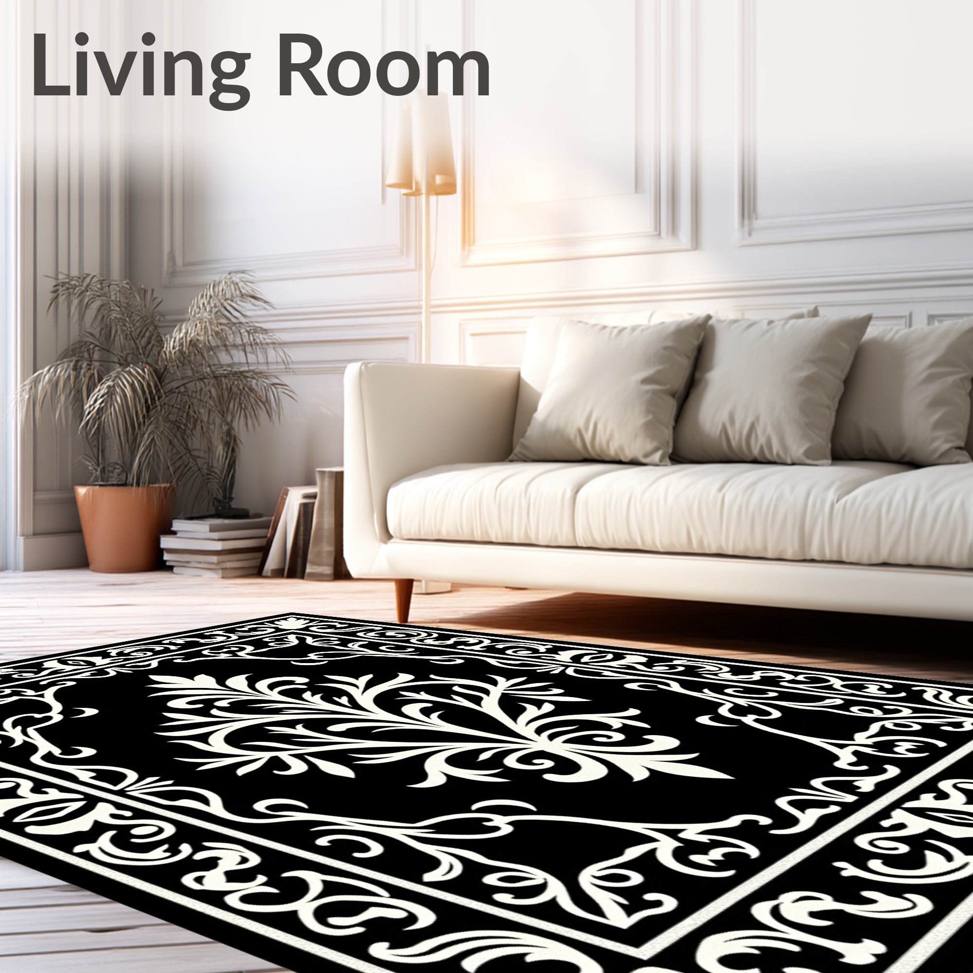 Ornate Black Cream Floral Pattern Rug