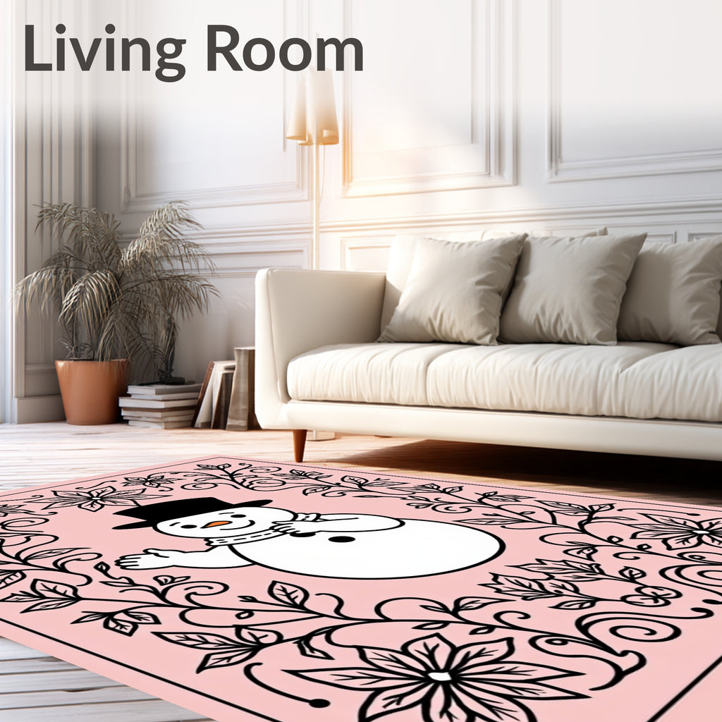 Charming Snowman Floral Frame Pink Rug