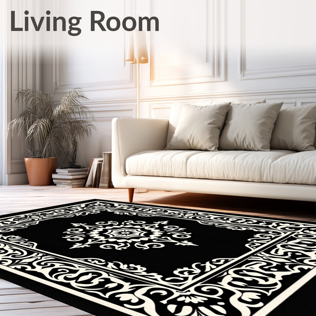 Classic Black White Floral Pattern Rug