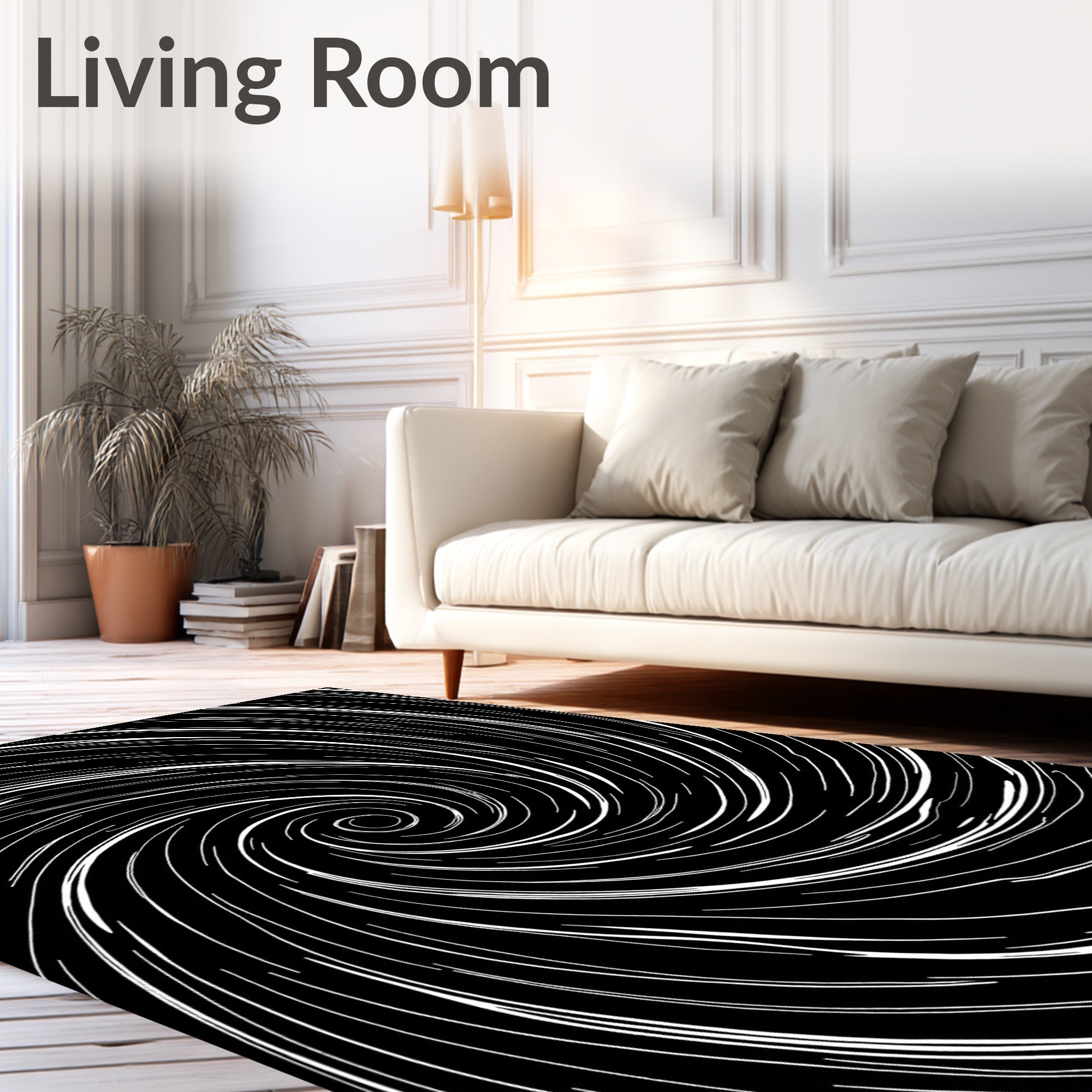 Abstract White Swirl Black Rug