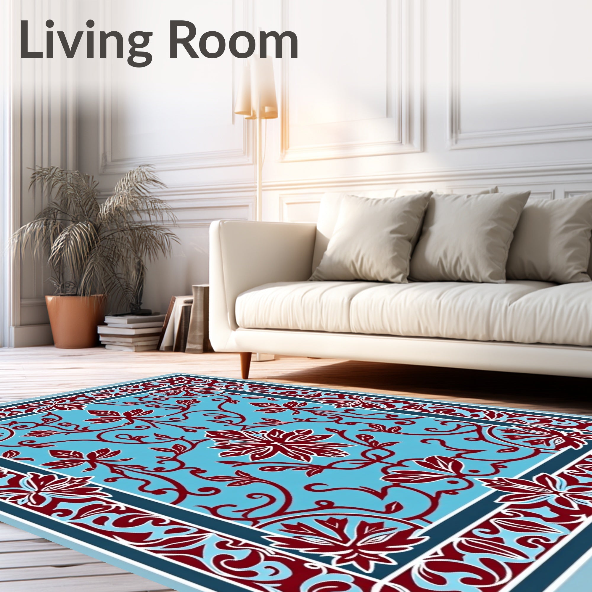 Crimson Floral Vines On Sky Blue Rug