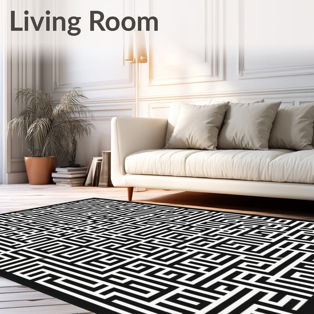 Black White Maze Geometric Rug