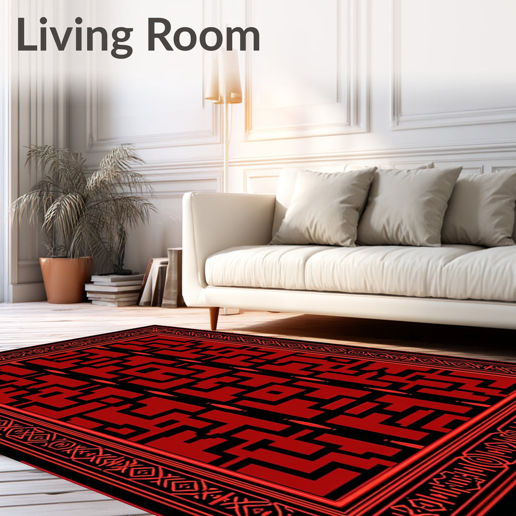 Bold Red Black Geometric Maze Rug