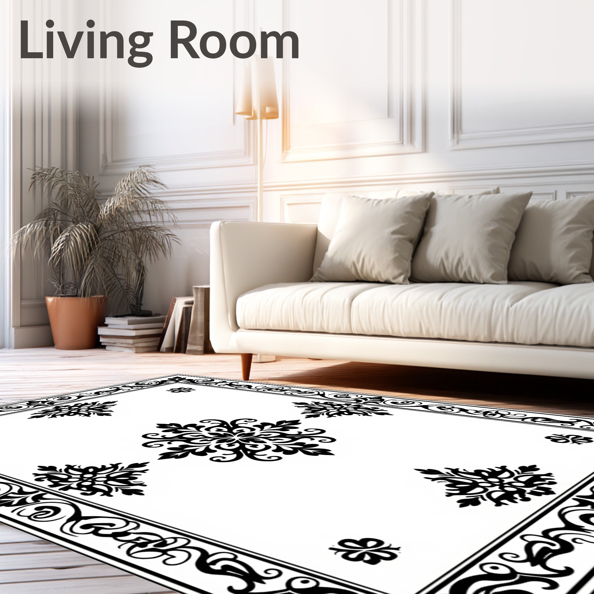 Intricate Black Floral Scroll Pattern Rug