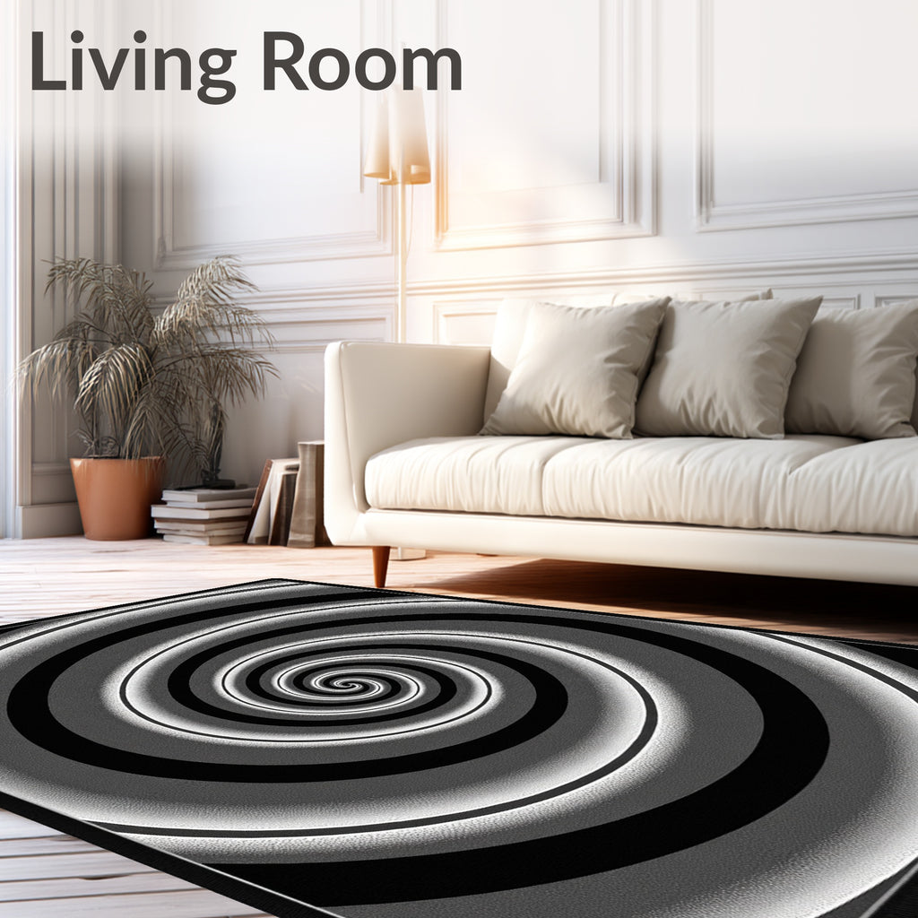 Abstract Black White Spiral Design Rug