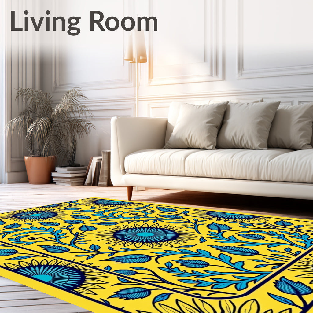Yellow Blue Floral Sunburst Rug