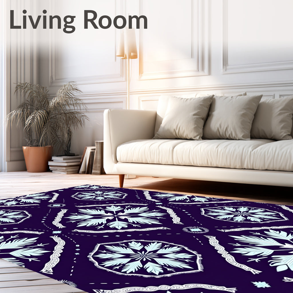 Dark Blue White Symmetrical Floral Ornament Rug
