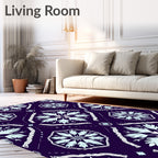 Dark Blue White Symmetrical Floral Ornament Rug