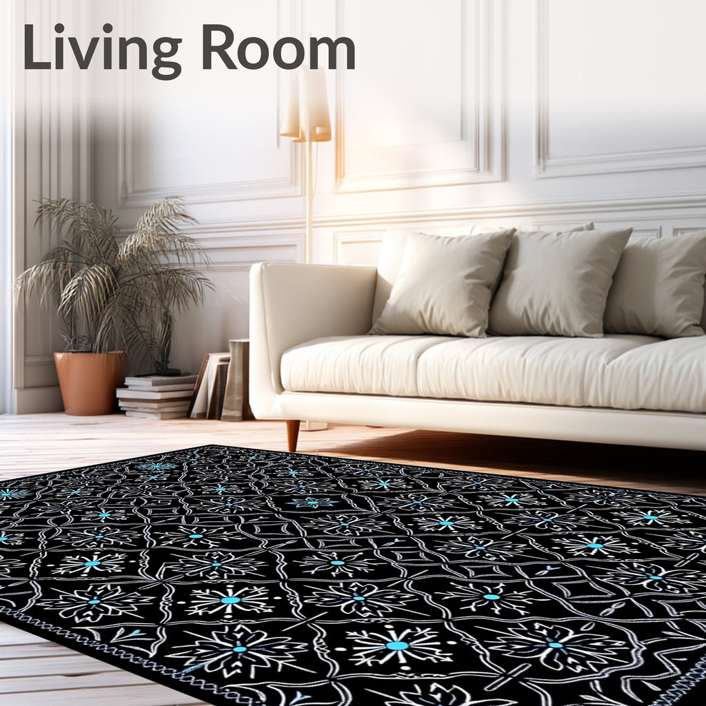 Black White Teal Floral Lattice Rug