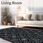 Black White Teal Floral Lattice Rug