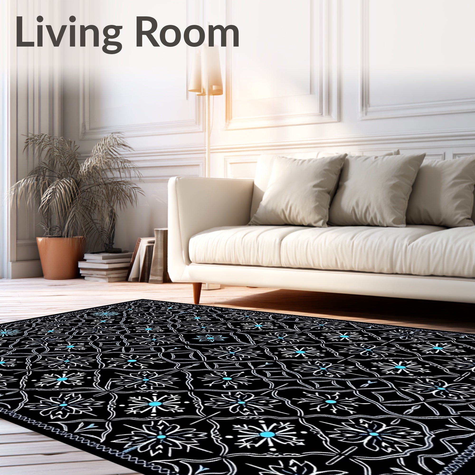 Black White Teal Floral Lattice Rug