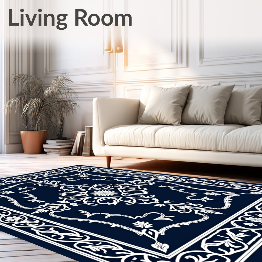 Ornate Floral Vine Dark Blue Rug