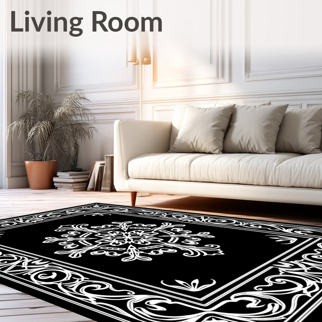 Ornate Floral Border Black White Rug