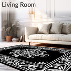 Ornate Floral Border Black White Rug