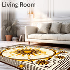 Golden Sunburst With Geometric Border Rug