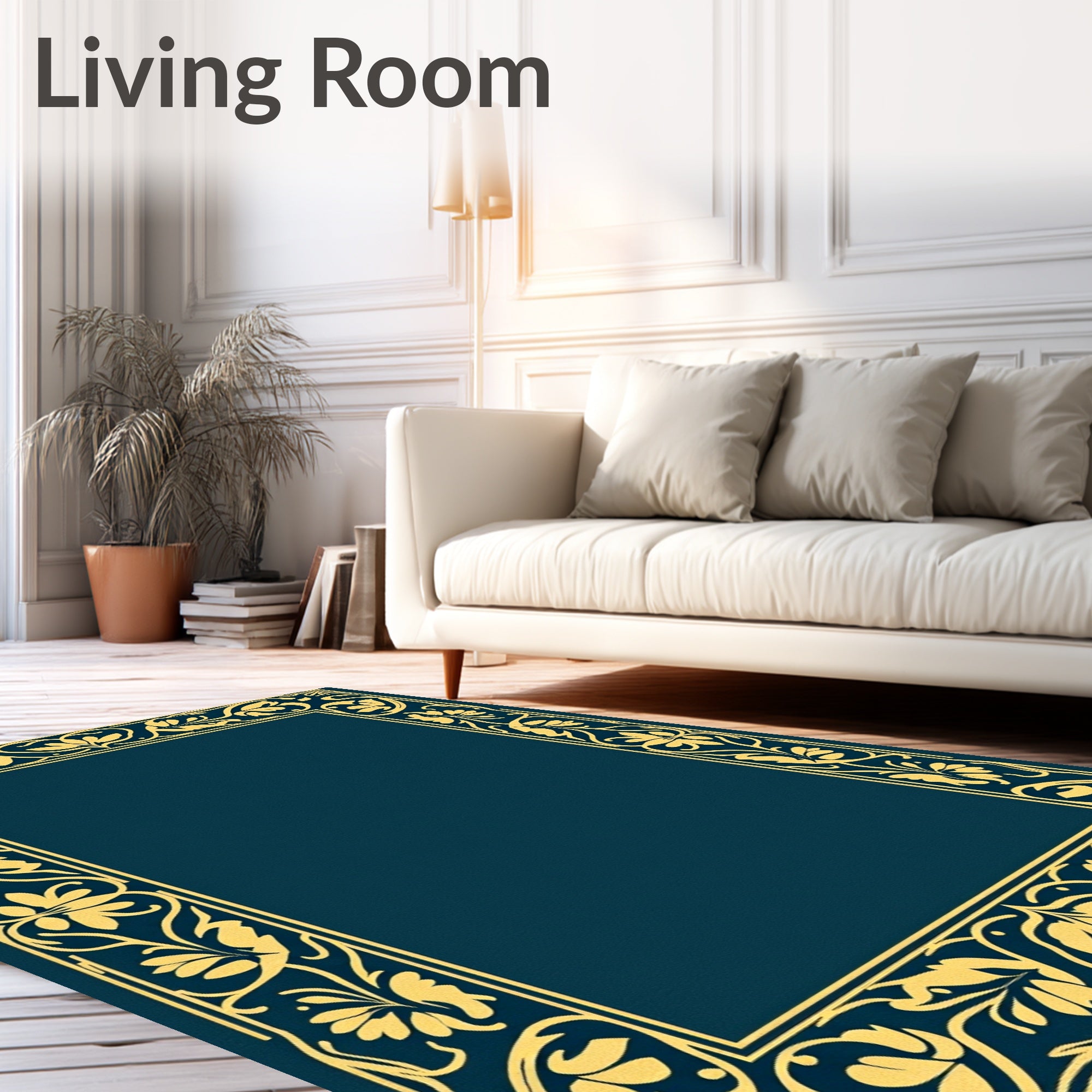 Golden Floral Scroll Border Design Rug