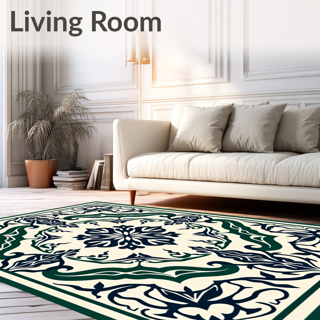 Ornate Floral Swirls Cream Green Rug