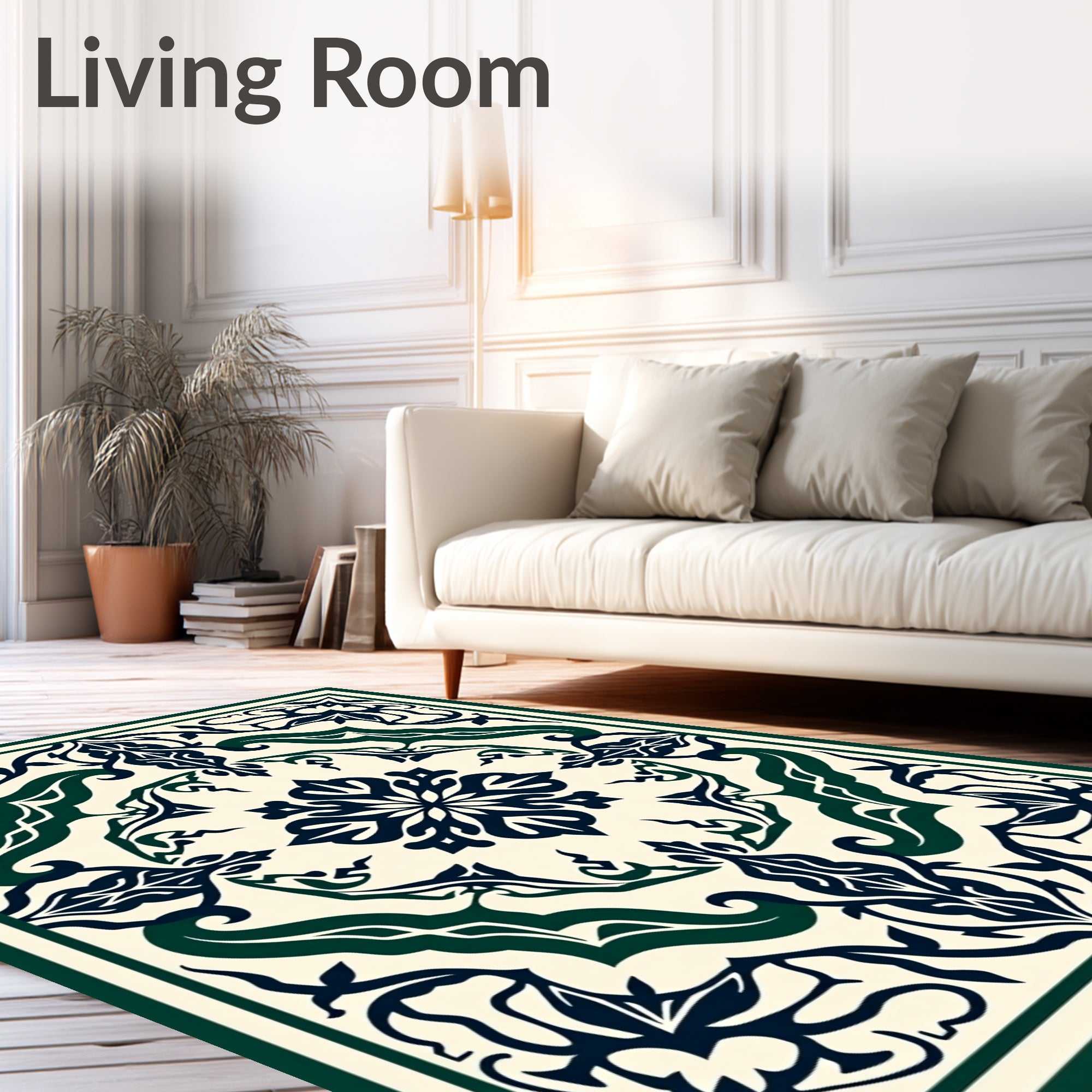 Ornate Floral Swirls Cream Green Rug