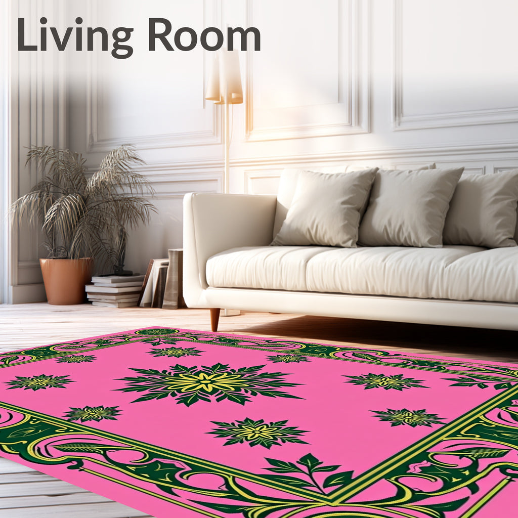 Ornate Floral Frame With Pink Background Rug