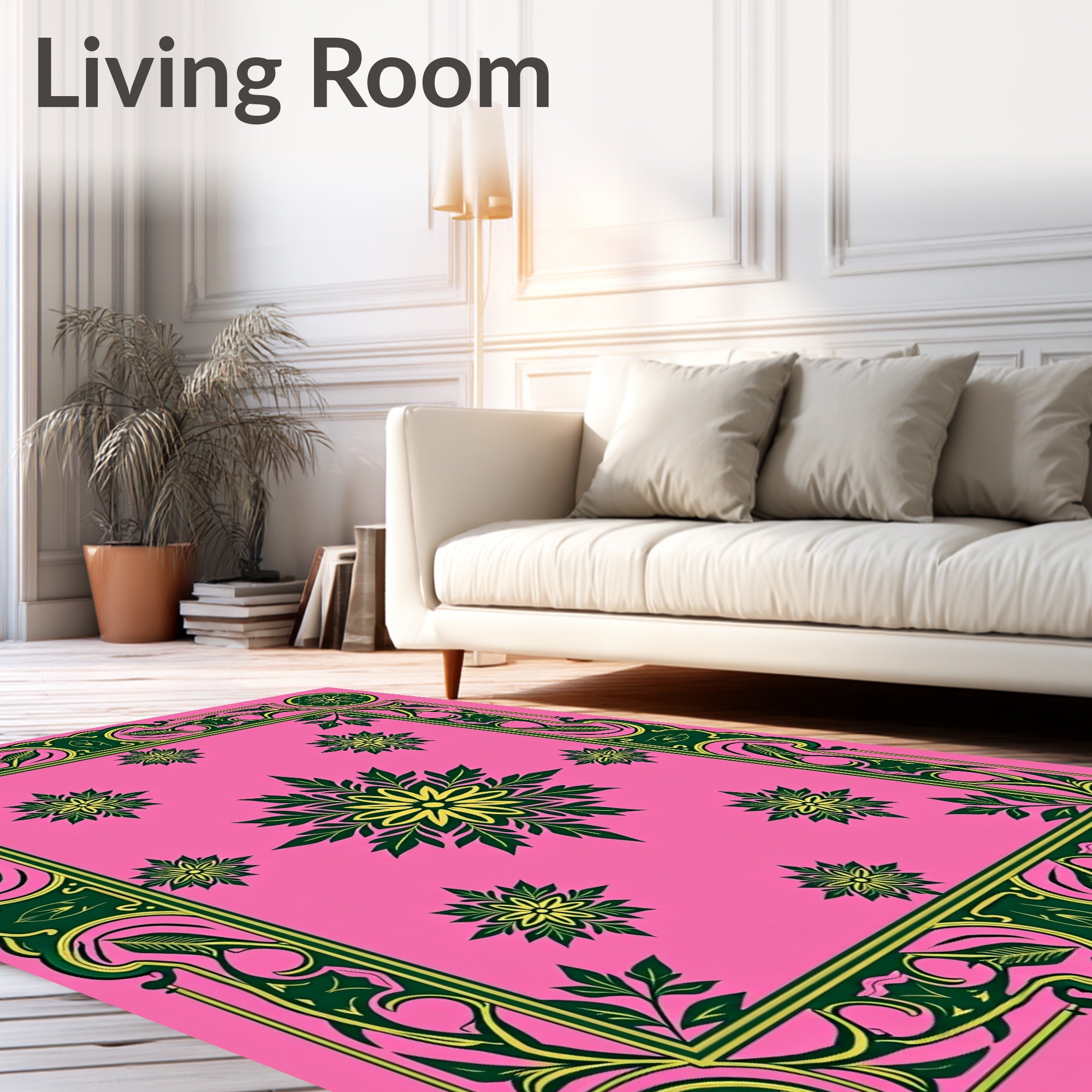 Ornate Floral Frame With Pink Background Rug