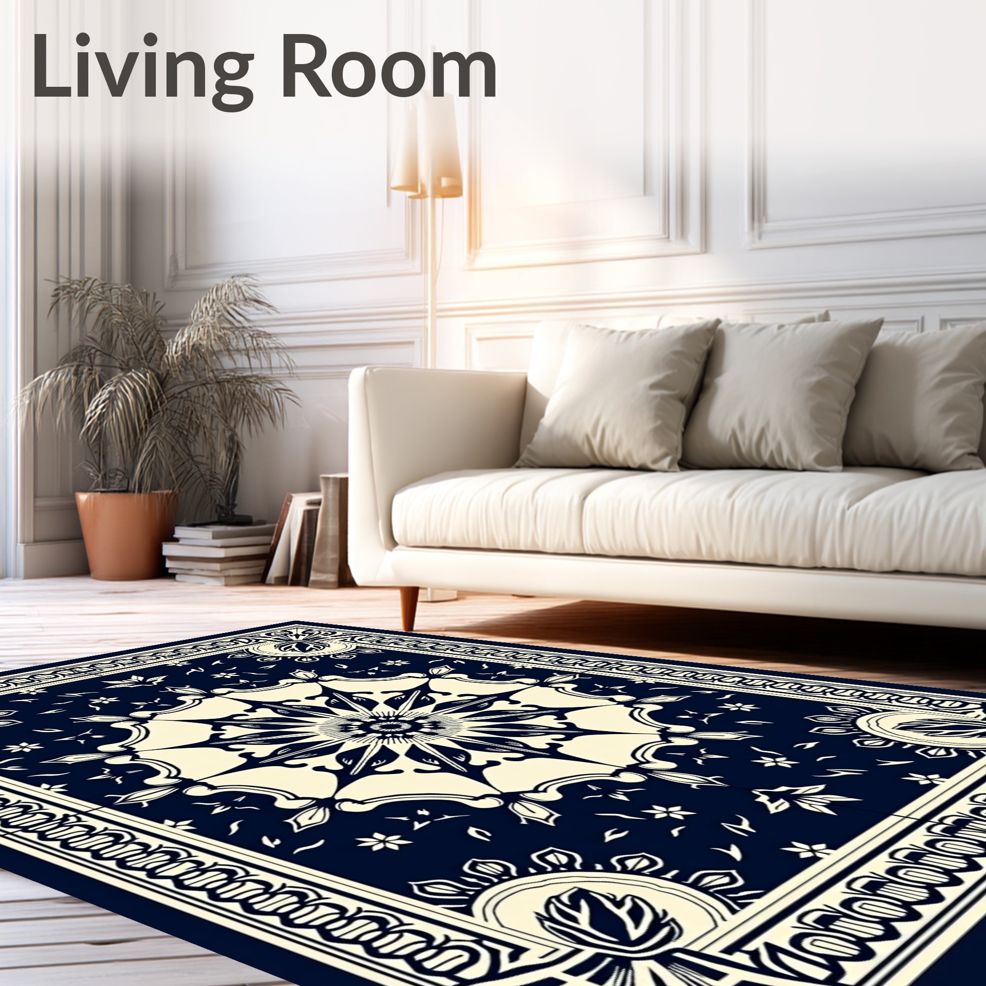 Dark Blue Cream Intricate Mandala Rug