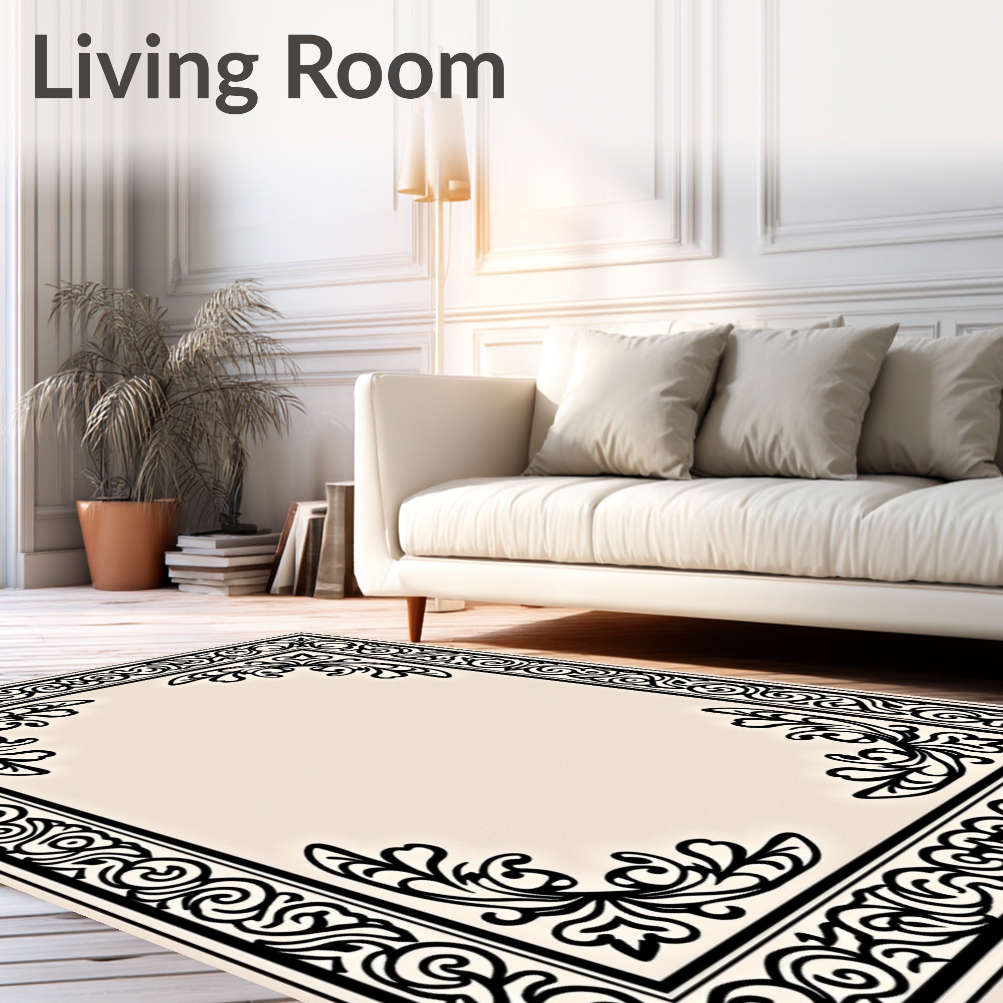 Ornate Black Floral Scrollwork Rug