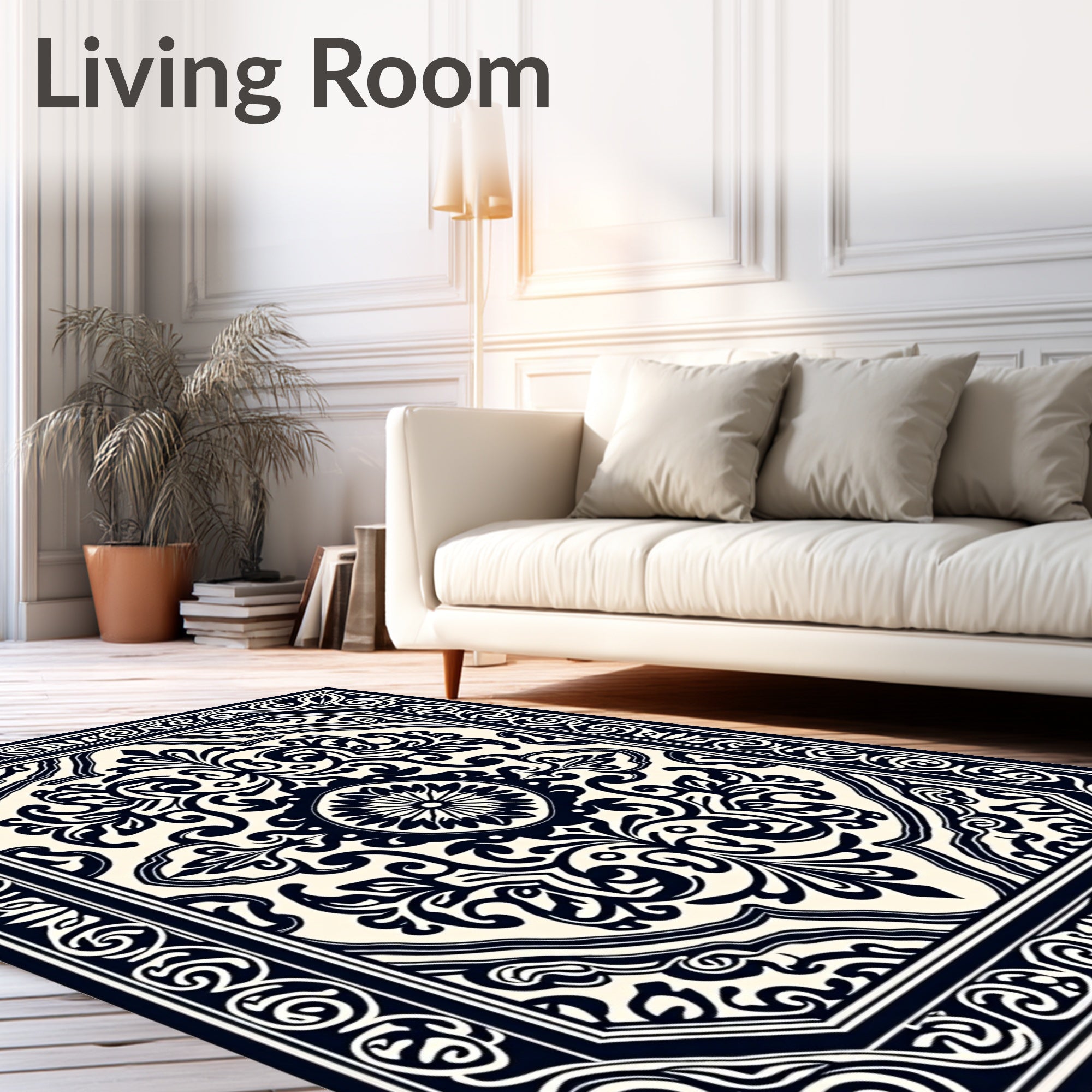 Classic Black White Floral Medallion Design Rug