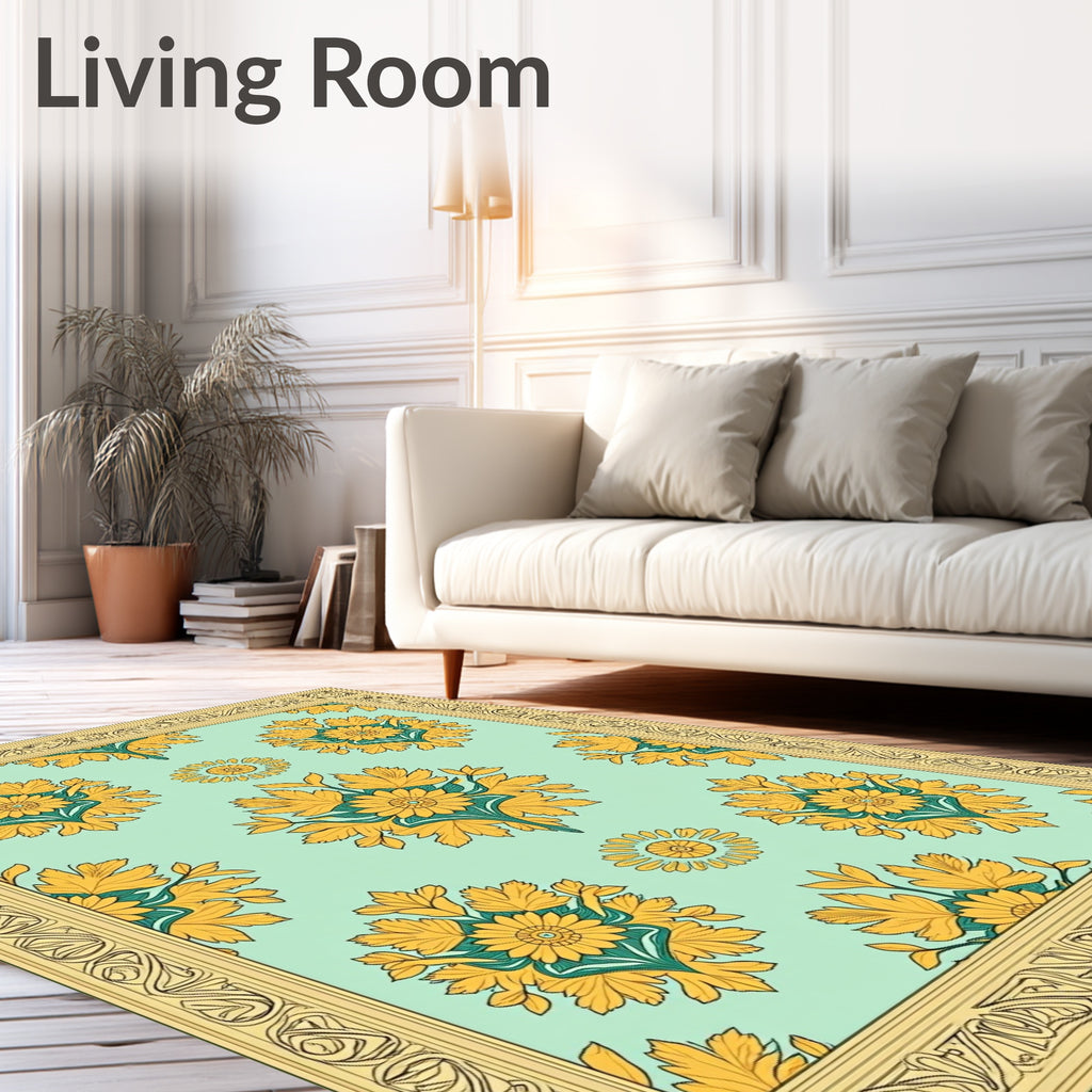 Golden Floral Meadow Patterned Rug