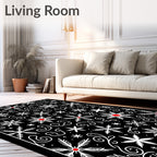 Black White Red Snowflake Swirls Rug