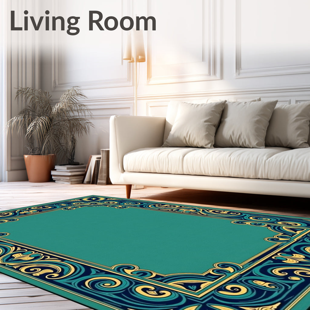 Ornate Teal Gold Swirl Border Rug