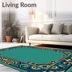 Ornate Teal Gold Swirl Border Rug