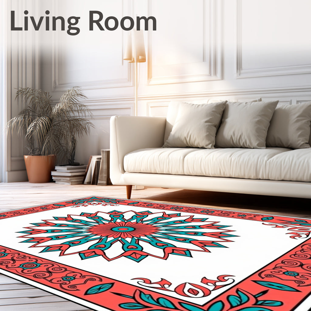 Coral Teal Floral Mandala Design Rug