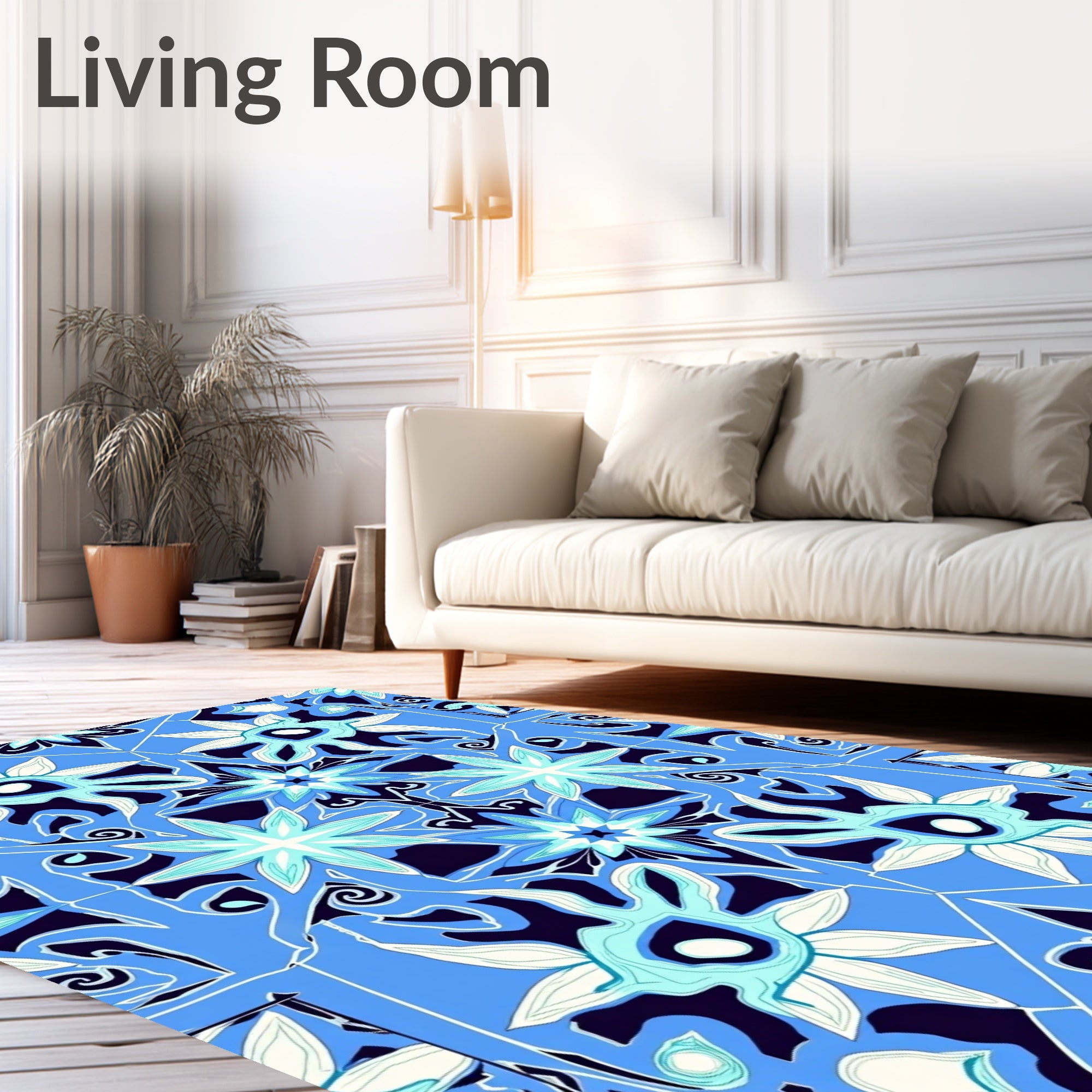 Symmetric Floral Patterned Royal Blue Rug