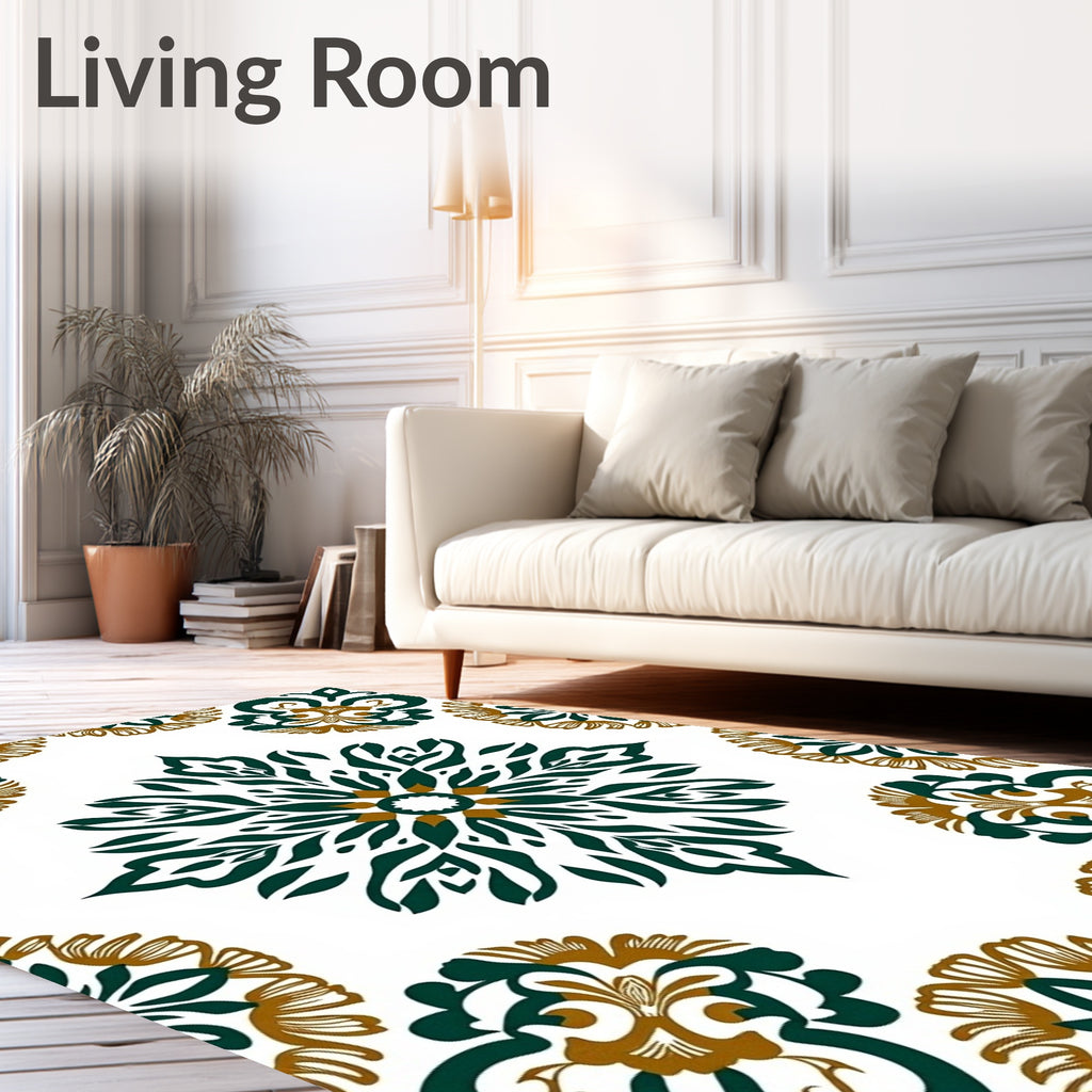 Elegant Deep Green Gold Floral Medallion Rug