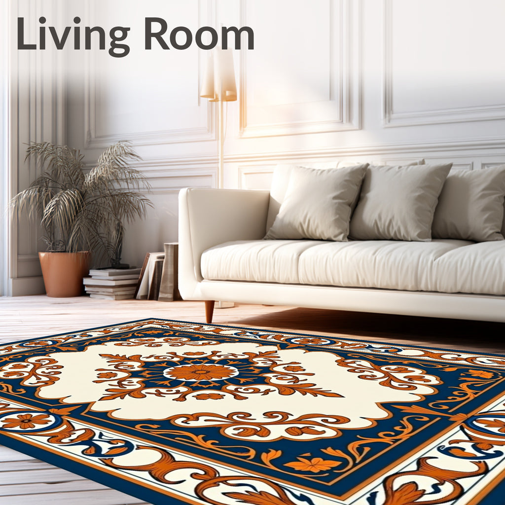 Ornate Blue Orange Floral Pattern Rug