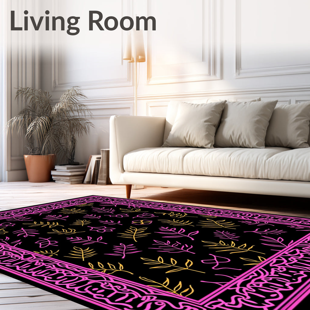 Pink Yellow Leafy Border Rug