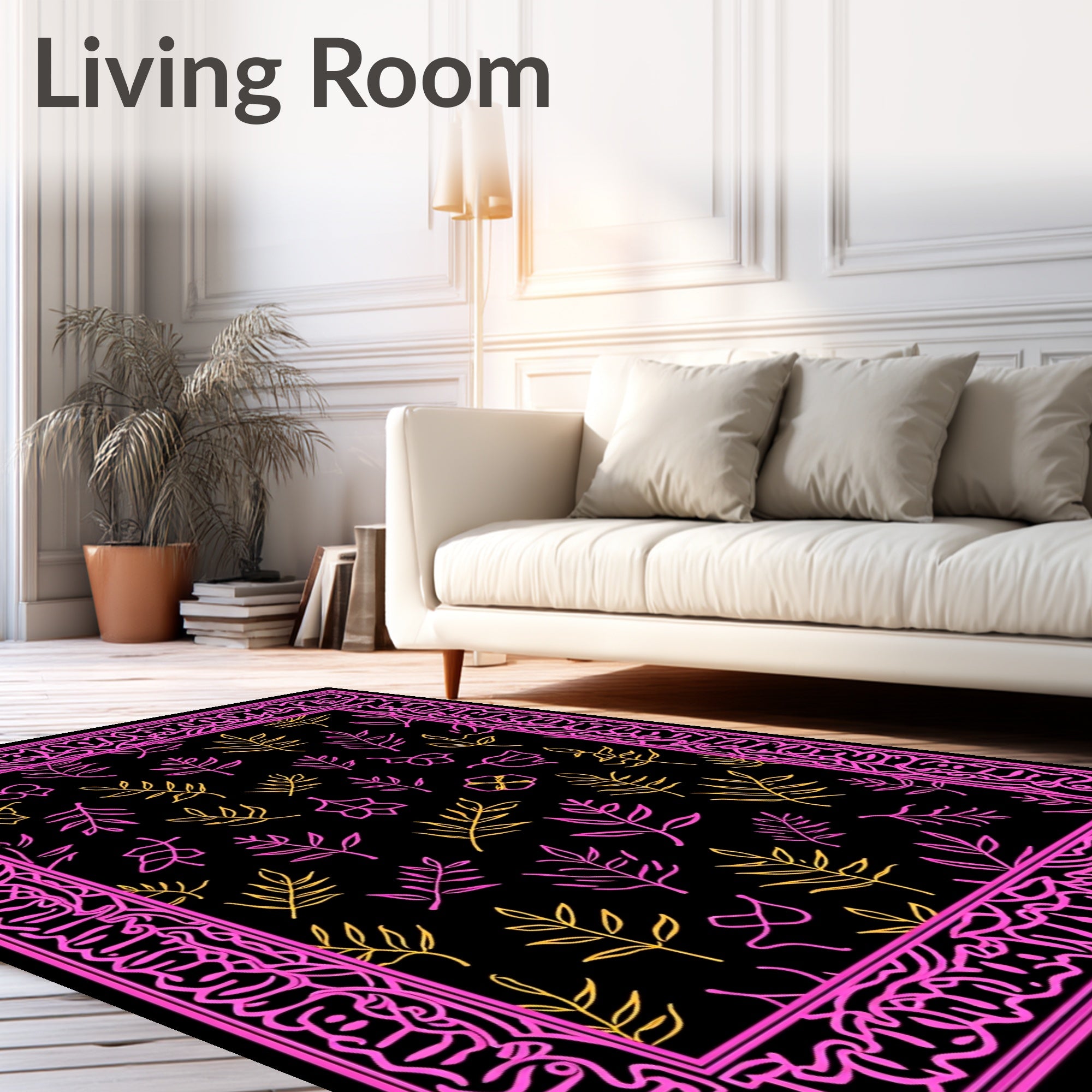 Pink Yellow Leafy Border Rug