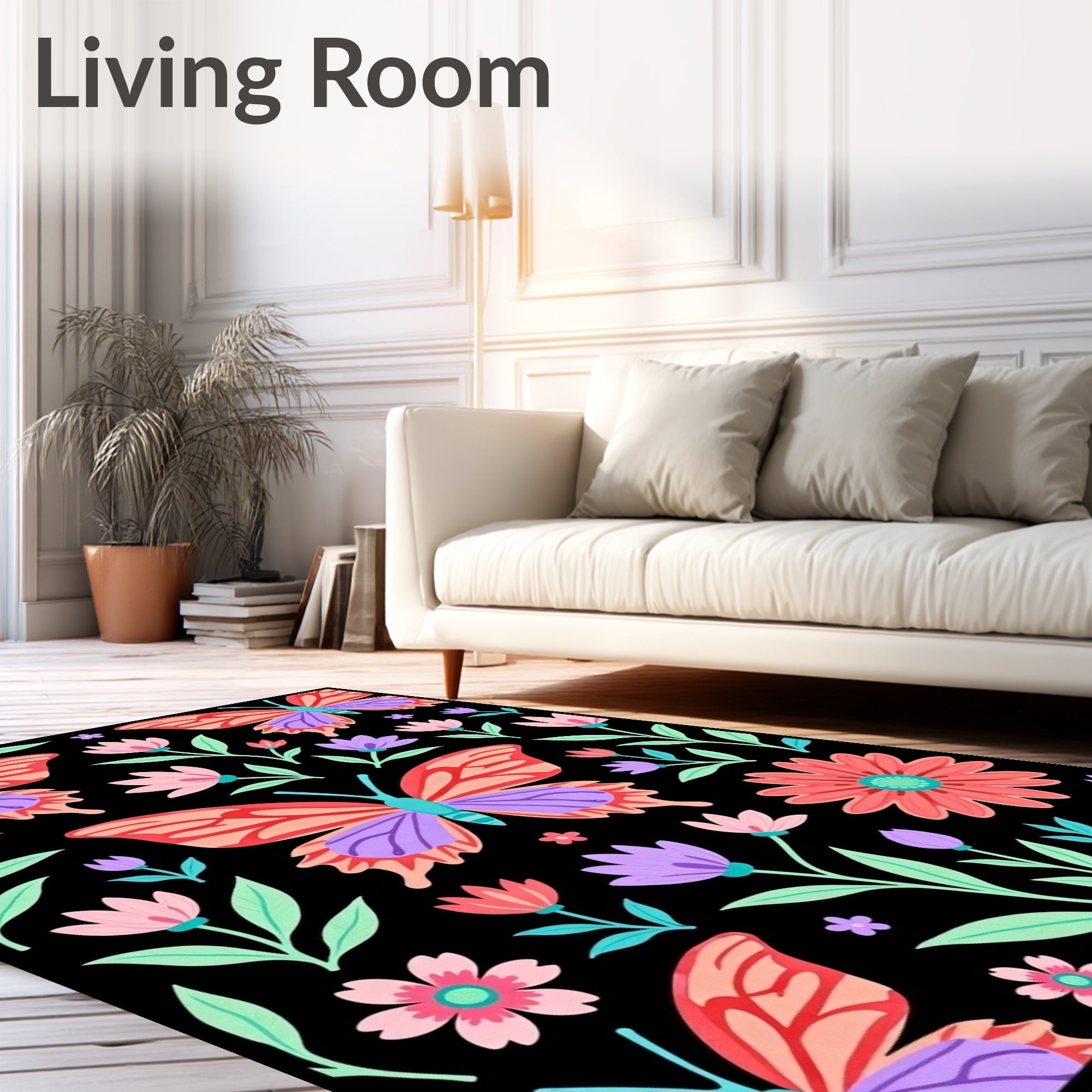 Vibrant Butterfly and Floral Pattern Rug
