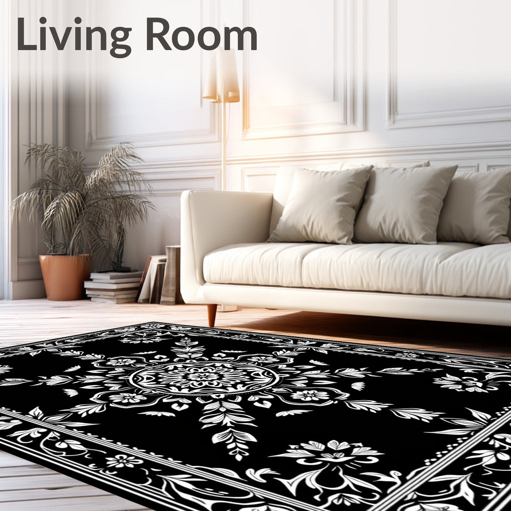 Classic Black White Floral Medallion Rug