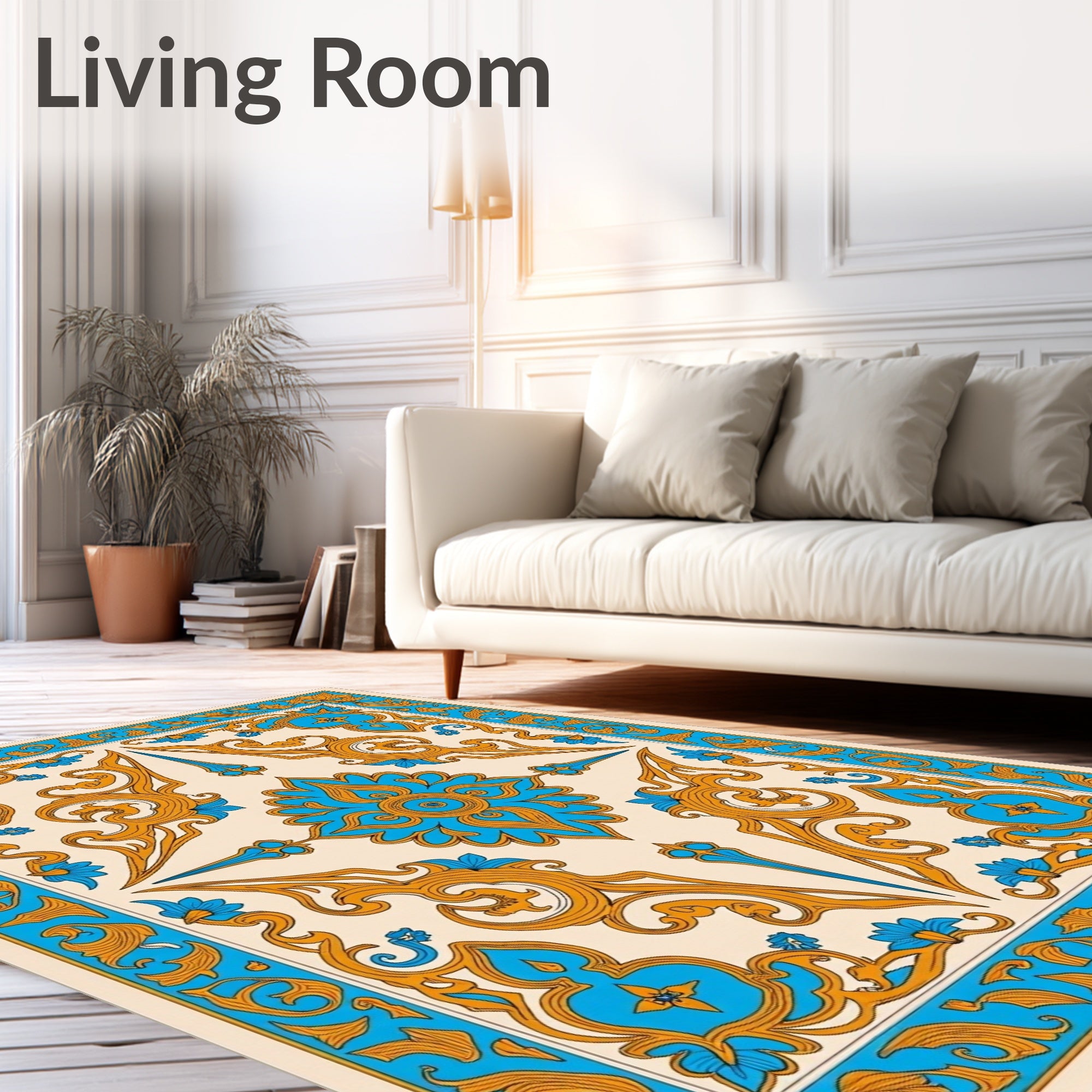 Ornate Floral Medallion Blue Gold Rug