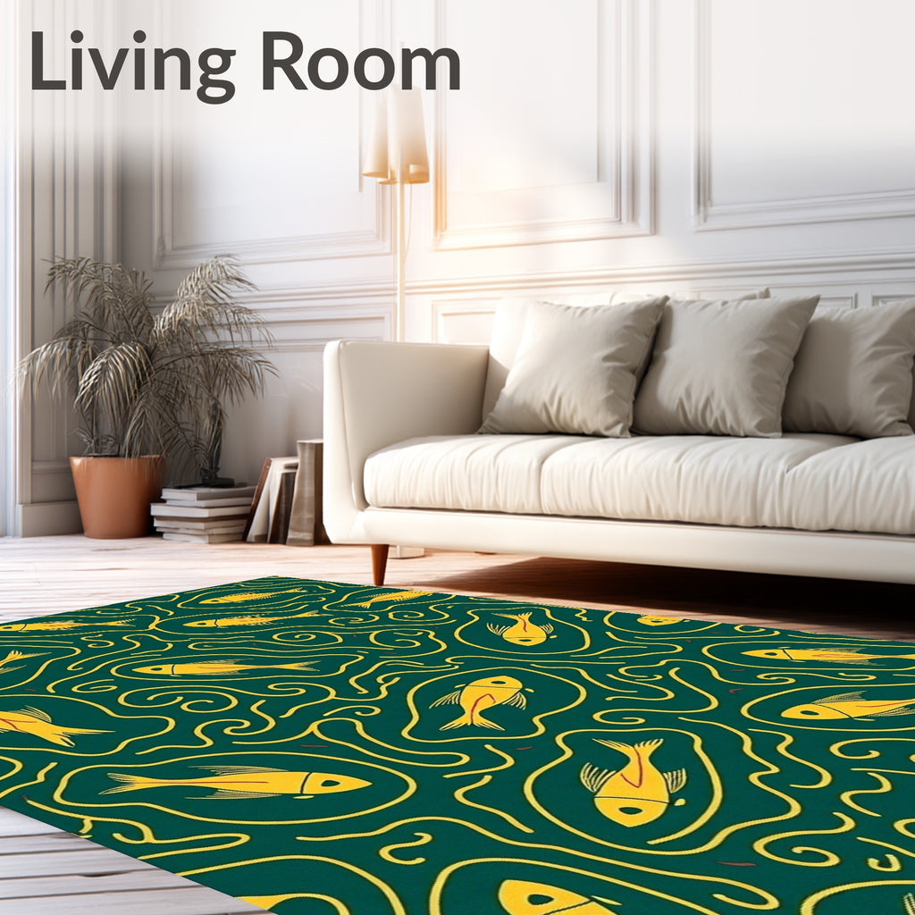 Yellow Fish Amidst Swirling Lines Design Rug