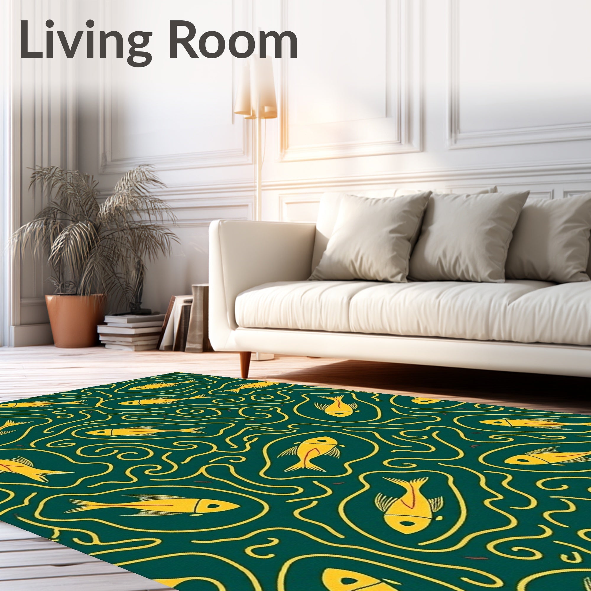 Yellow Fish Amidst Swirling Lines Design Rug