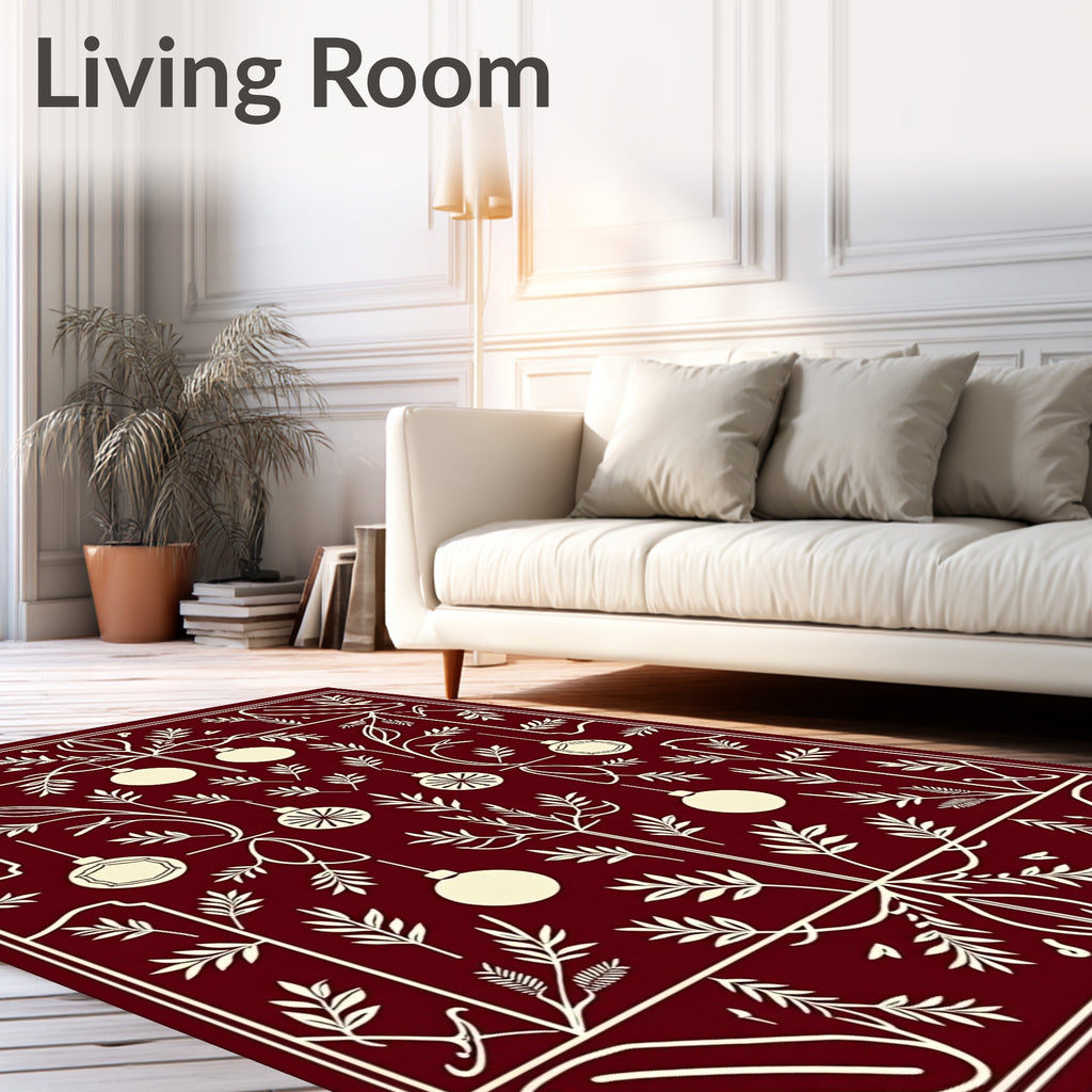 Deep Red Ornament Garland Botanical Rug